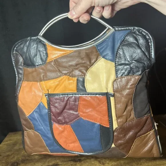 Patchwork Leather Purse Vintage Handmade Hong Kong Silver Tone Eye Arch Handle - Picture 5 of 14